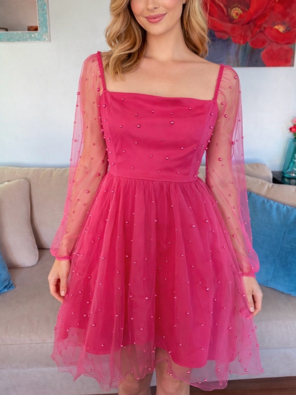 Thirty/thirty LA Pink Mesh tulle Dress with Pearl Embellishments Size L Large